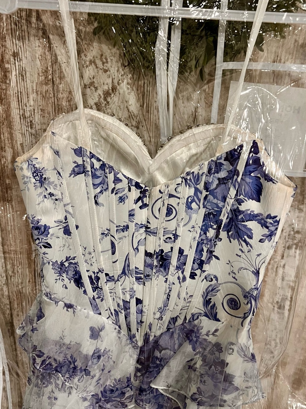 Blue and White Printed High-Low Prom Dress - Picture 11 of 13